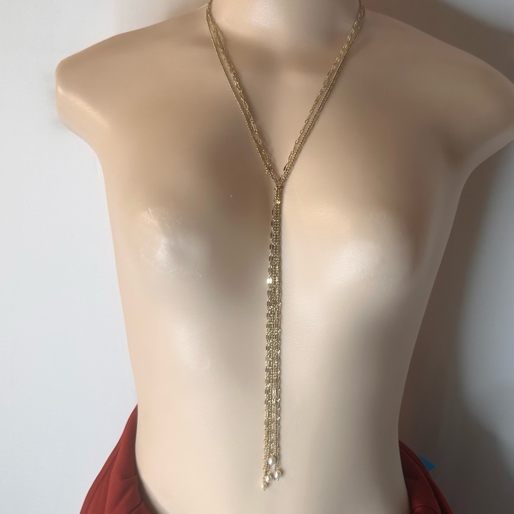 NWT 18k Gold Ettika Golden and Pearl Ends Interlink Chain 3-Layers Necklace
